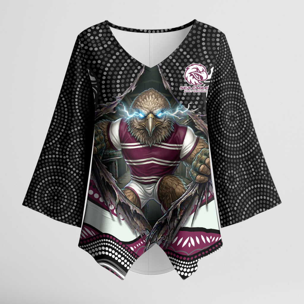 Manly Warringah Sea Eagles Kimono Sleeve Blouse The Scream of Lightning Eyes - Indigenous Dot Ripping Effect