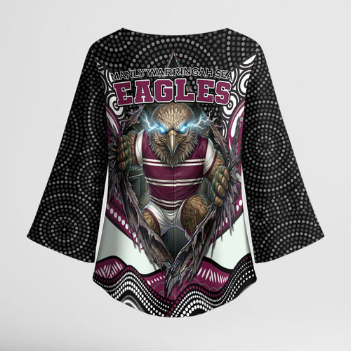 Manly Warringah Sea Eagles Kimono Sleeve Blouse The Scream of Lightning Eyes - Indigenous Dot Ripping Effect