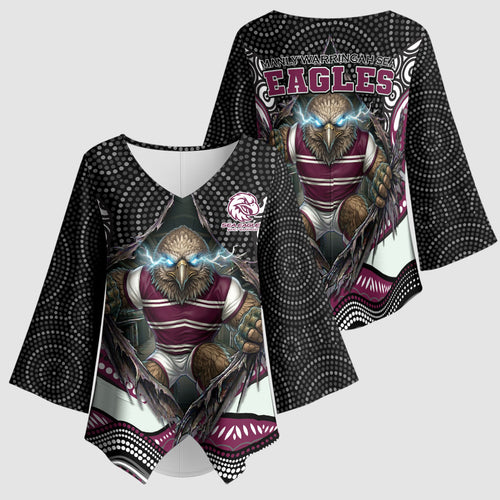 Manly Warringah Sea Eagles Kimono Sleeve Blouse The Scream of Lightning Eyes - Indigenous Dot Ripping Effect