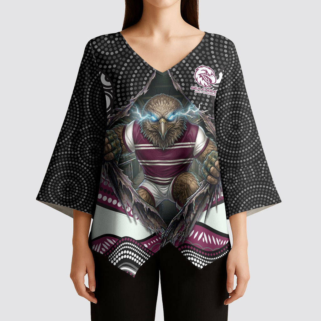 Manly Warringah Sea Eagles Kimono Sleeve Blouse The Scream of Lightning Eyes - Indigenous Dot Ripping Effect