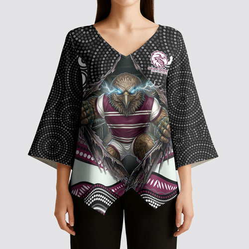 Manly Warringah Sea Eagles Kimono Sleeve Blouse The Scream of Lightning Eyes - Indigenous Dot Ripping Effect