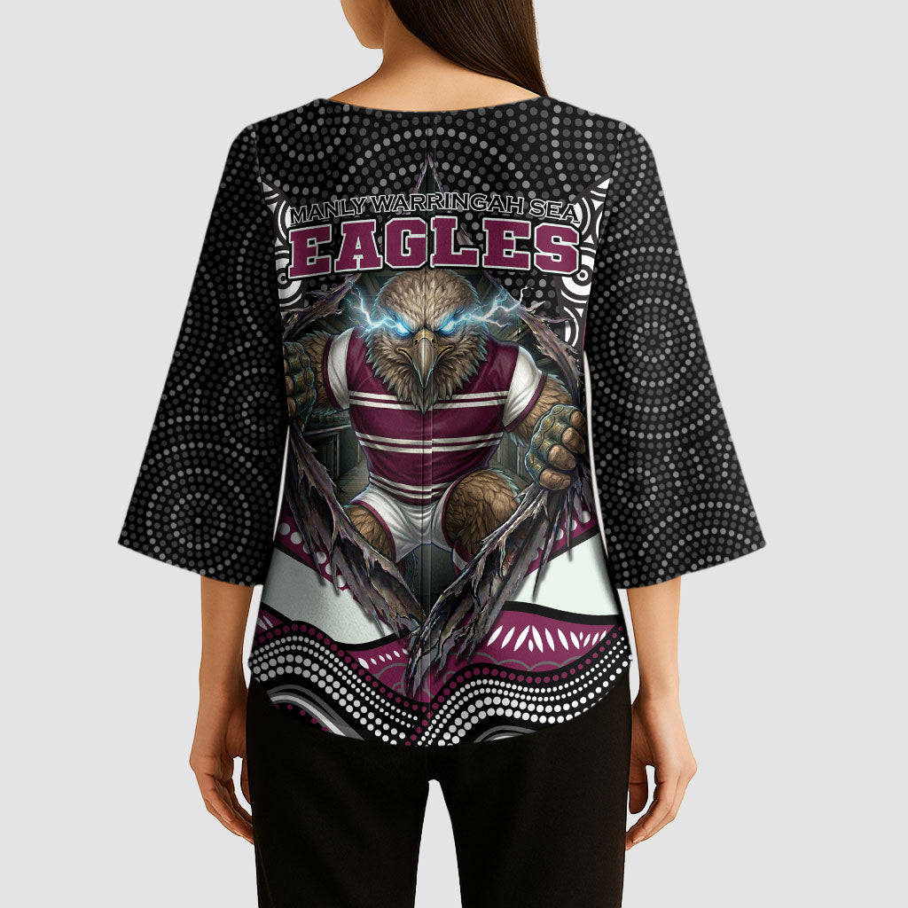 Manly Warringah Sea Eagles Kimono Sleeve Blouse The Scream of Lightning Eyes - Indigenous Dot Ripping Effect