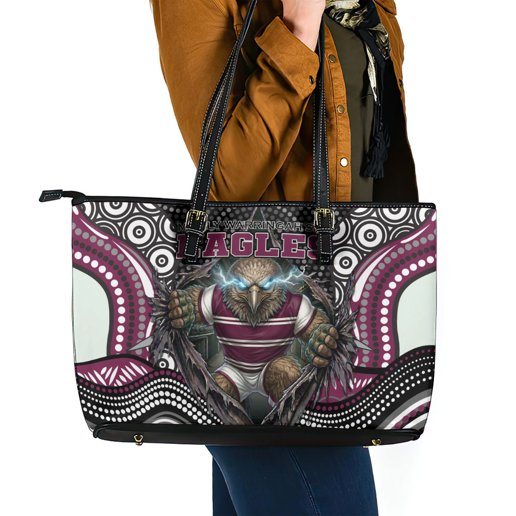 Manly Warringah Sea Eagles Leather Tote Bag The Scream of Lightning Eyes - Indigenous Dot Ripping Effect
