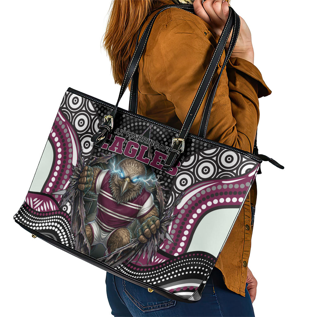 Manly Warringah Sea Eagles Leather Tote Bag The Scream of Lightning Eyes - Indigenous Dot Ripping Effect