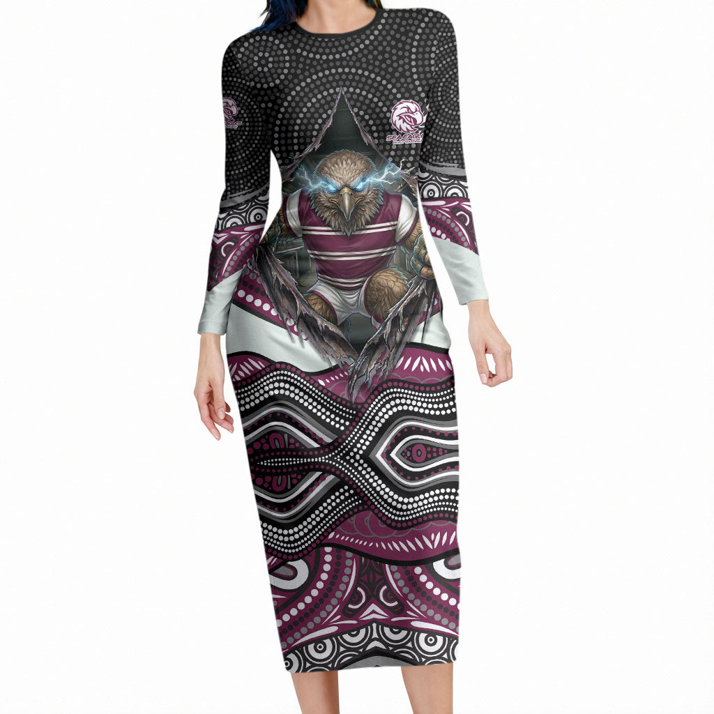 Manly Warringah Sea Eagles Long Sleeve Bodycon Dress The Scream of Lightning Eyes - Indigenous Dot Ripping Effect