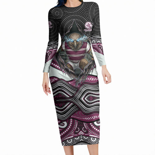 Manly Warringah Sea Eagles Long Sleeve Bodycon Dress The Scream of Lightning Eyes - Indigenous Dot Ripping Effect