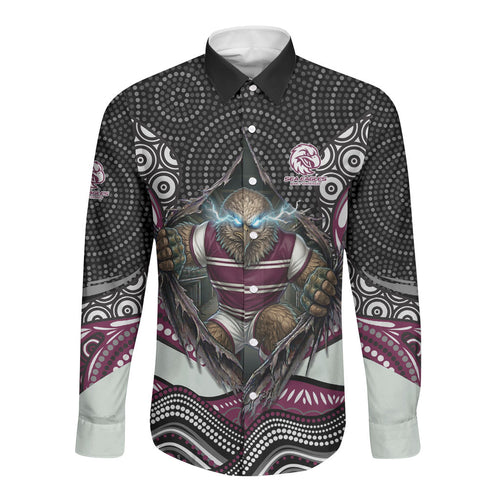 Manly Warringah Sea Eagles Long Sleeve Button Shirt The Scream of Lightning Eyes - Indigenous Dot Ripping Effect
