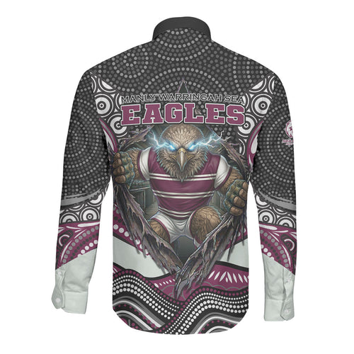 Manly Warringah Sea Eagles Long Sleeve Button Shirt The Scream of Lightning Eyes - Indigenous Dot Ripping Effect