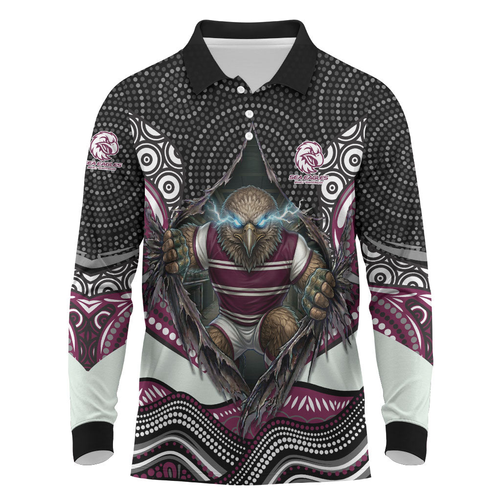 Manly Warringah Sea Eagles Long Sleeve Polo Shirt The Scream of Lightning Eyes - Indigenous Dot Ripping Effect