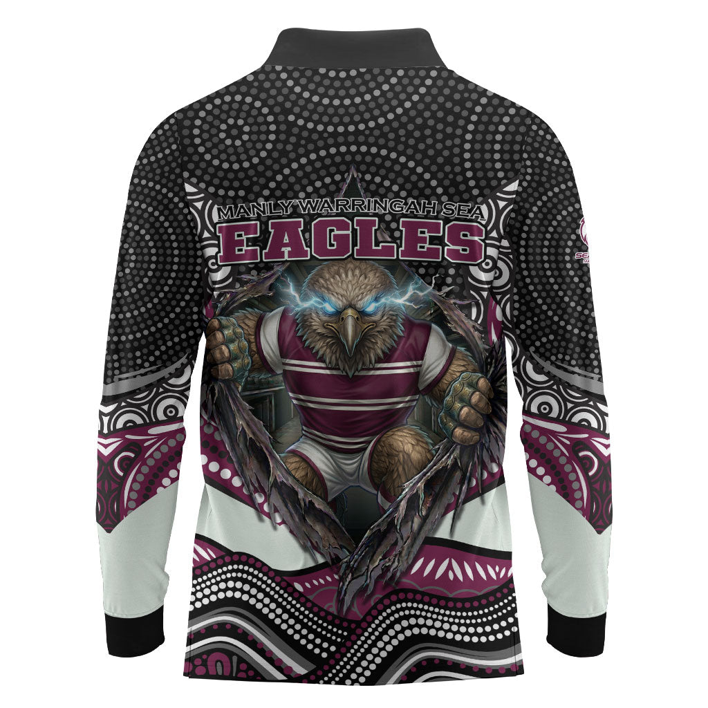 Manly Warringah Sea Eagles Long Sleeve Polo Shirt The Scream of Lightning Eyes - Indigenous Dot Ripping Effect