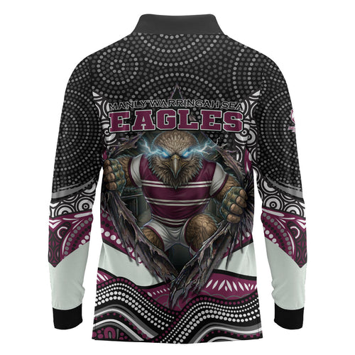 Manly Warringah Sea Eagles Long Sleeve Polo Shirt The Scream of Lightning Eyes - Indigenous Dot Ripping Effect