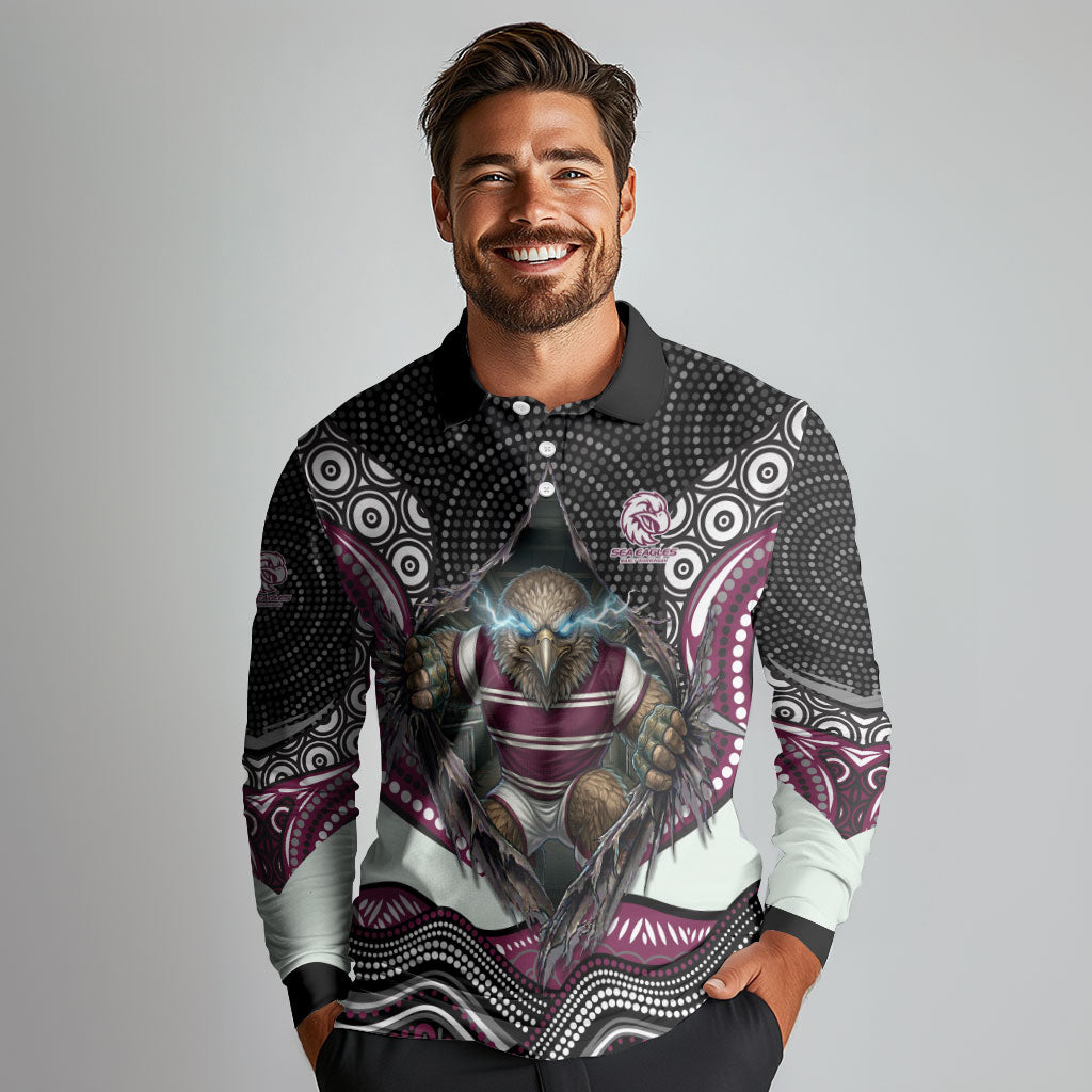 Manly Warringah Sea Eagles Long Sleeve Polo Shirt The Scream of Lightning Eyes - Indigenous Dot Ripping Effect