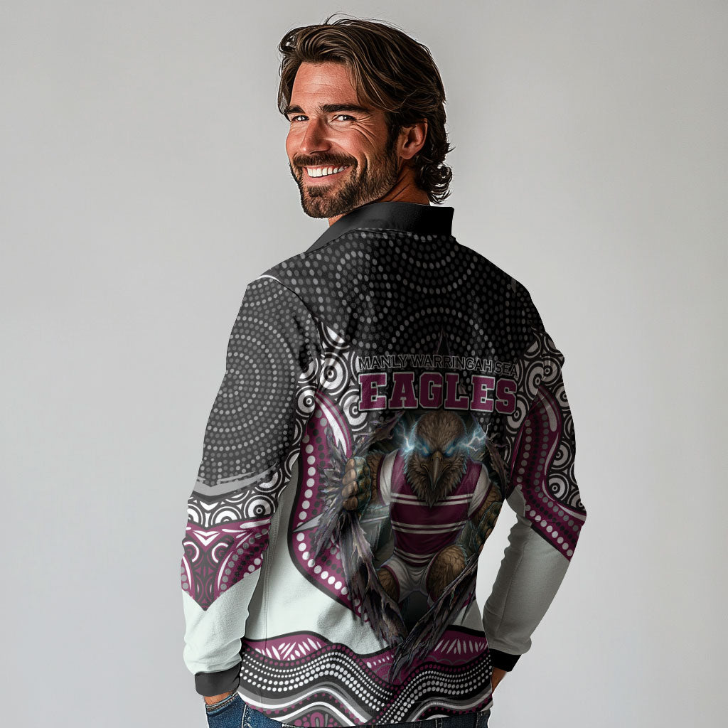 Manly Warringah Sea Eagles Long Sleeve Polo Shirt The Scream of Lightning Eyes - Indigenous Dot Ripping Effect