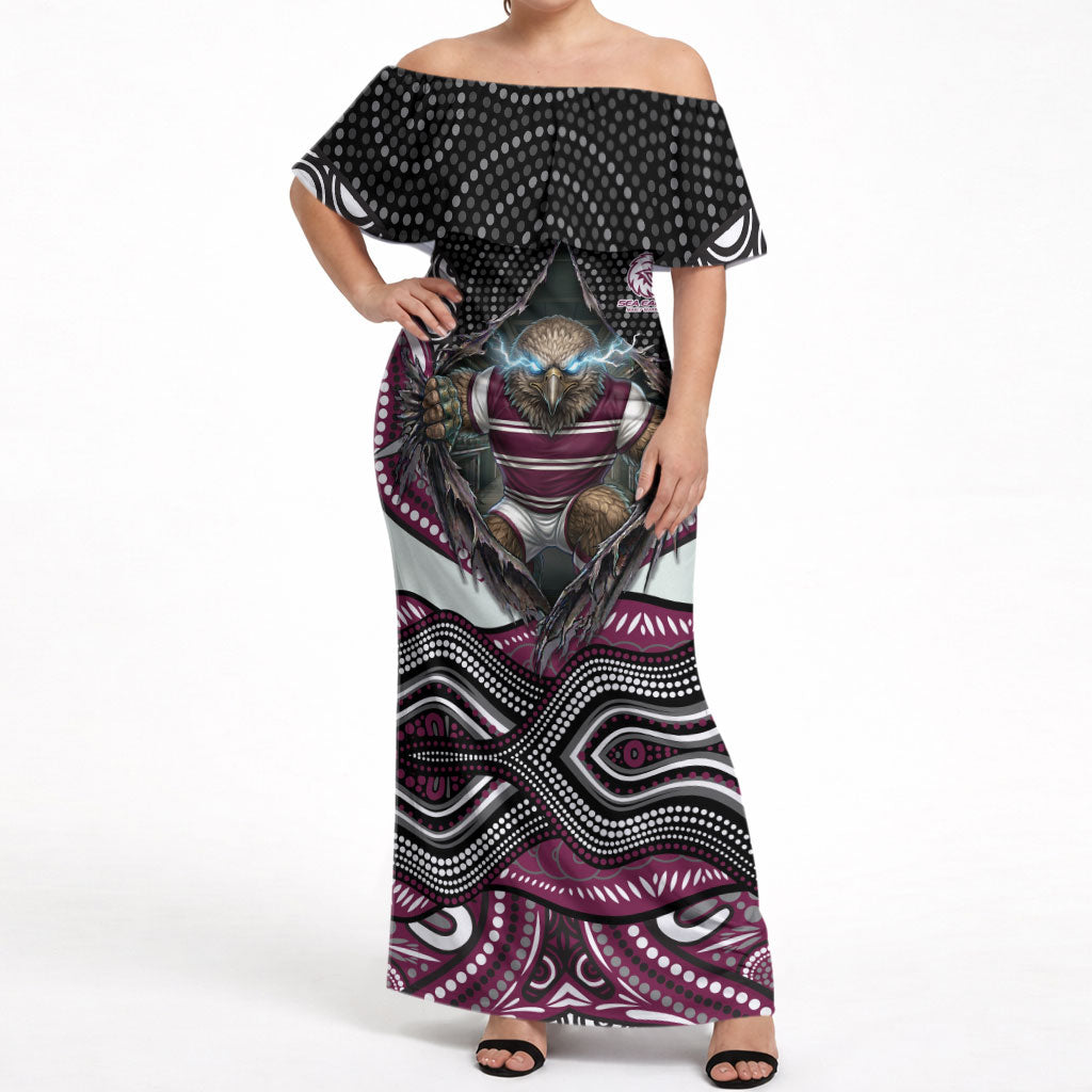 Manly Warringah Sea Eagles Off Shoulder Maxi Dress The Scream of Lightning Eyes - Indigenous Dot Ripping Effect
