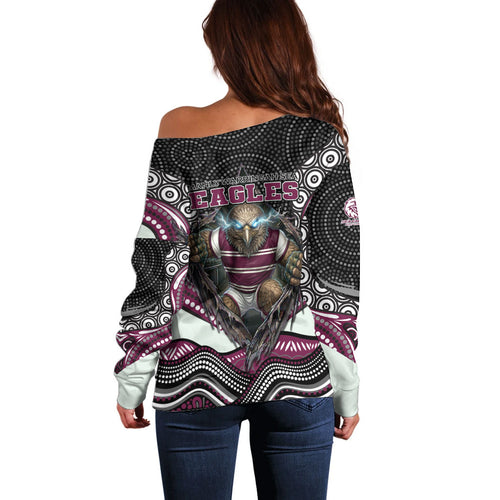 Manly Warringah Sea Eagles Off Shoulder Sweater The Scream of Lightning Eyes - Indigenous Dot Ripping Effect