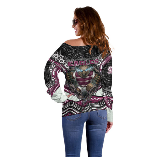 Manly Warringah Sea Eagles Off Shoulder Sweater The Scream of Lightning Eyes - Indigenous Dot Ripping Effect