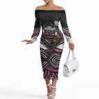 Manly Warringah Sea Eagles Off The Shoulder Long Sleeve Dress The Scream of Lightning Eyes - Indigenous Dot Ripping Effect