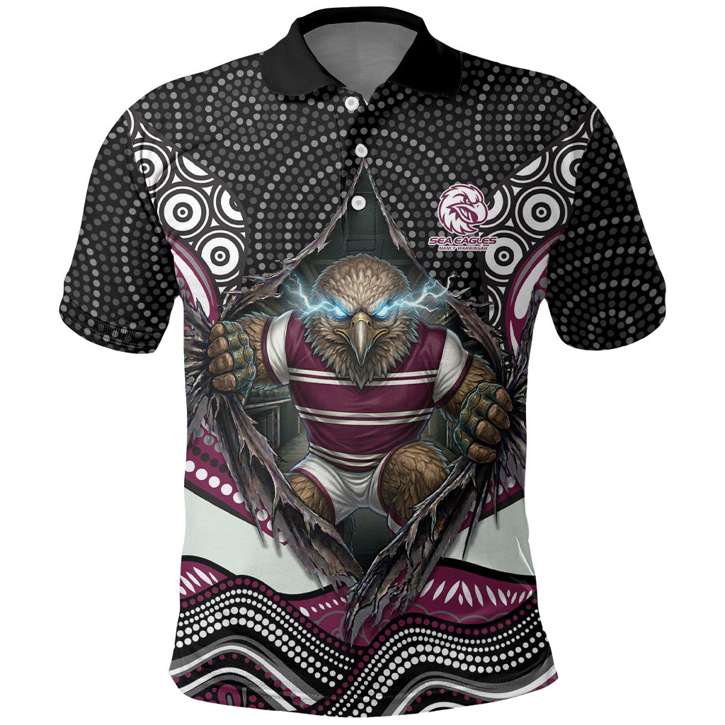 Manly Warringah Sea Eagles Polo Shirt The Scream of Lightning Eyes - Indigenous Dot Ripping Effect