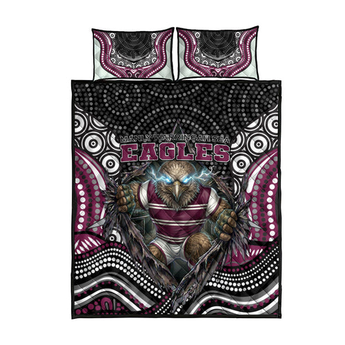 Manly Warringah Sea Eagles Quilt Bed Set The Scream of Lightning Eyes - Indigenous Dot Ripping Effect