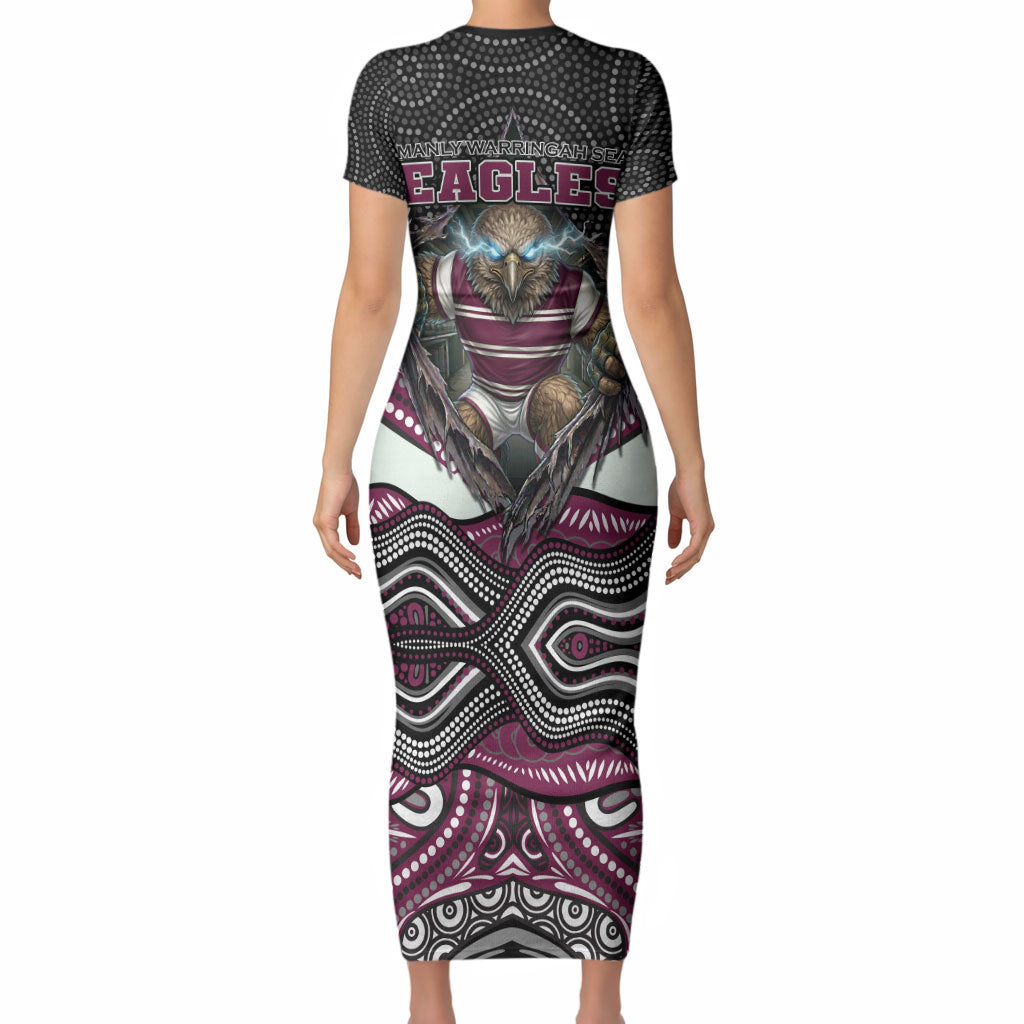Manly Warringah Sea Eagles Short Sleeve Bodycon Dress The Scream of Lightning Eyes - Indigenous Dot Ripping Effect