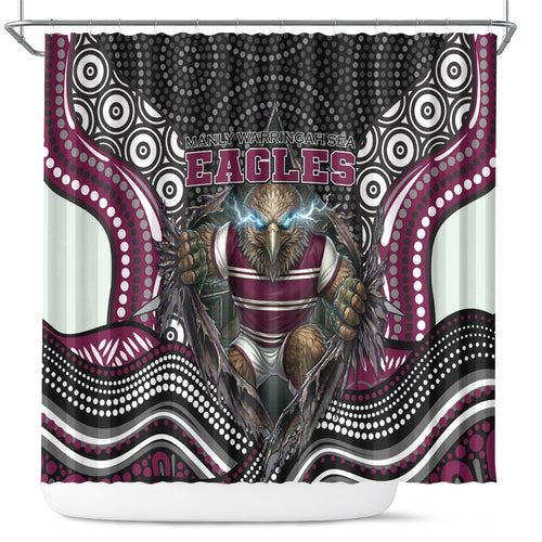 Manly Warringah Sea Eagles Shower Curtain The Scream of Lightning Eyes - Indigenous Dot Ripping Effect