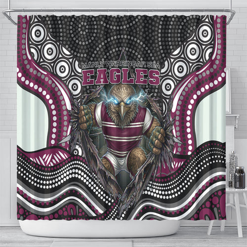 Manly Warringah Sea Eagles Shower Curtain The Scream of Lightning Eyes - Indigenous Dot Ripping Effect