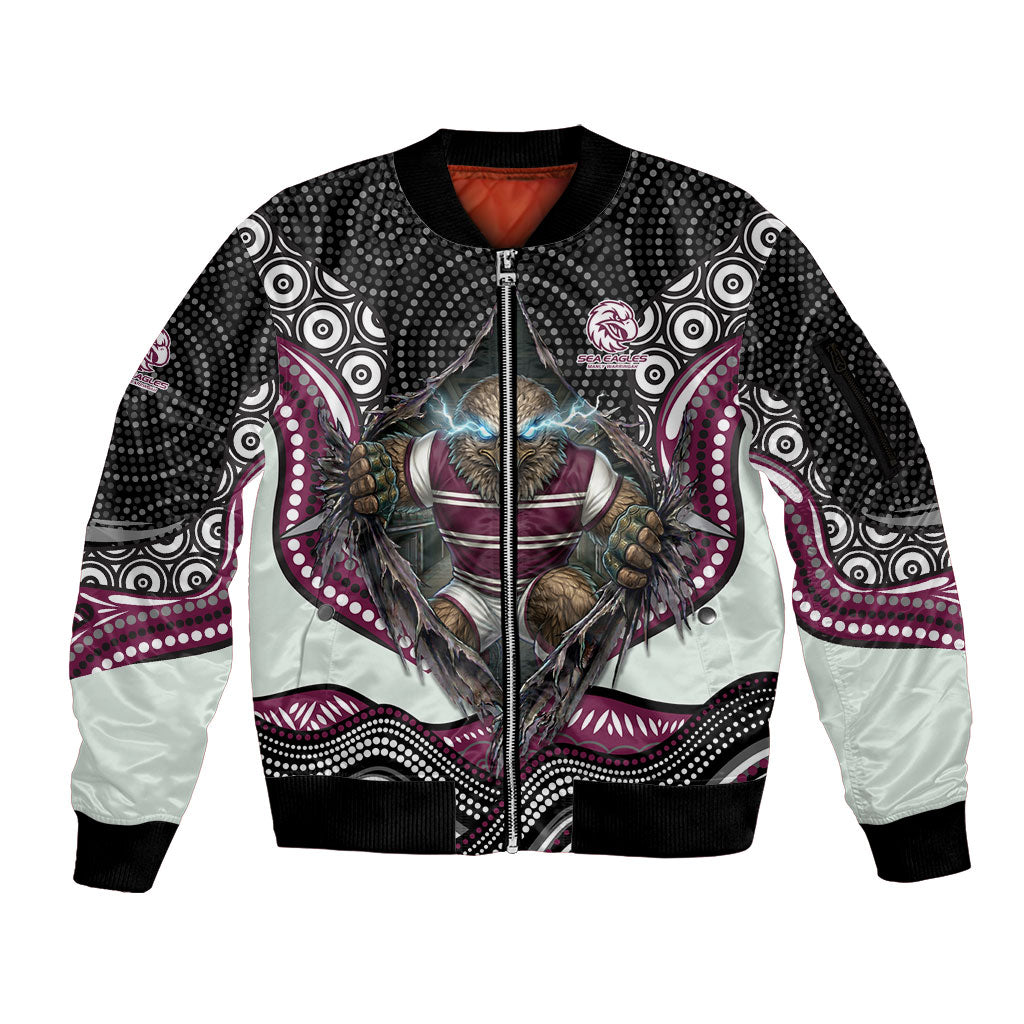 Manly Warringah Sea Eagles Sleeve Zip Bomber Jacket The Scream of Lightning Eyes - Indigenous Dot Ripping Effect