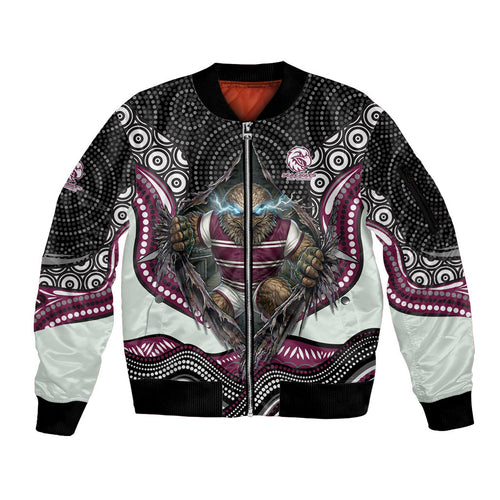 Manly Warringah Sea Eagles Sleeve Zip Bomber Jacket The Scream of Lightning Eyes - Indigenous Dot Ripping Effect