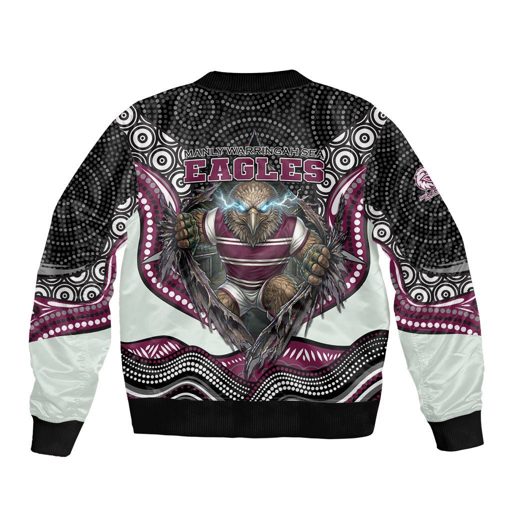 Manly Warringah Sea Eagles Sleeve Zip Bomber Jacket The Scream of Lightning Eyes - Indigenous Dot Ripping Effect