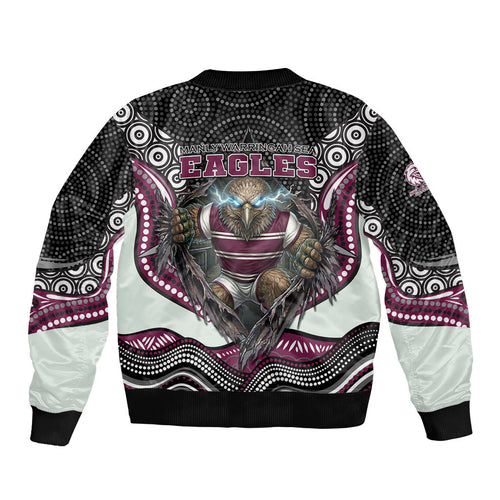 Manly Warringah Sea Eagles Sleeve Zip Bomber Jacket The Scream of Lightning Eyes - Indigenous Dot Ripping Effect