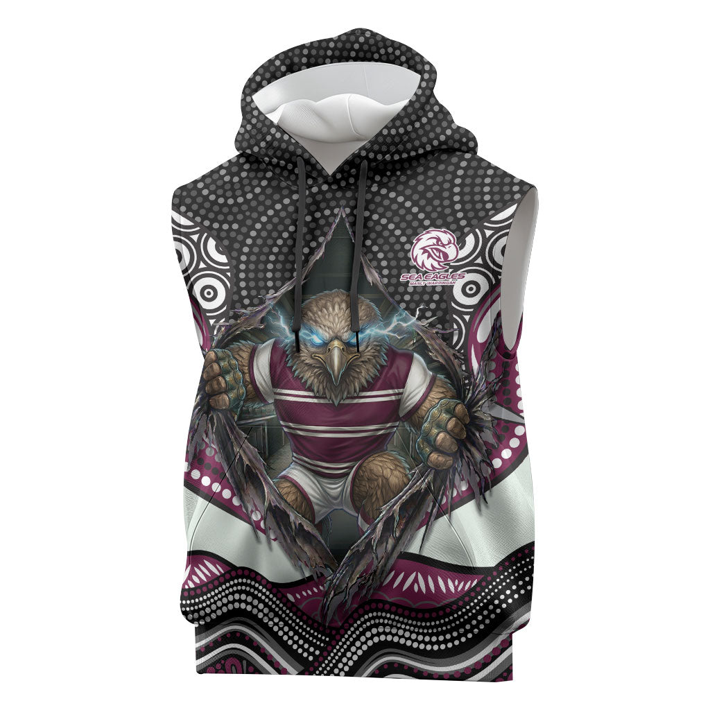 Manly Warringah Sea Eagles Sleeveless Hoodie The Scream of Lightning Eyes - Indigenous Dot Ripping Effect