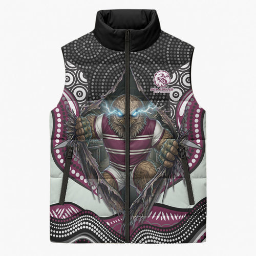 Manly Warringah Sea Eagles Sleeveless Puffer Jacket The Scream of Lightning Eyes - Indigenous Dot Ripping Effect