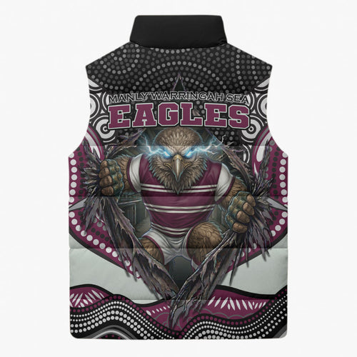 Manly Warringah Sea Eagles Sleeveless Puffer Jacket The Scream of Lightning Eyes - Indigenous Dot Ripping Effect