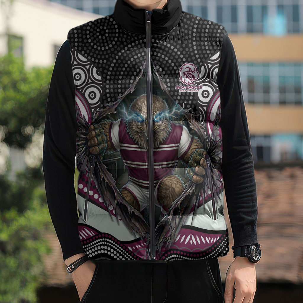 Manly Warringah Sea Eagles Sleeveless Puffer Jacket The Scream of Lightning Eyes - Indigenous Dot Ripping Effect