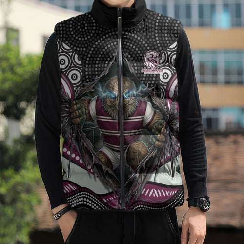 Manly Warringah Sea Eagles Sleeveless Puffer Jacket The Scream of Lightning Eyes - Indigenous Dot Ripping Effect