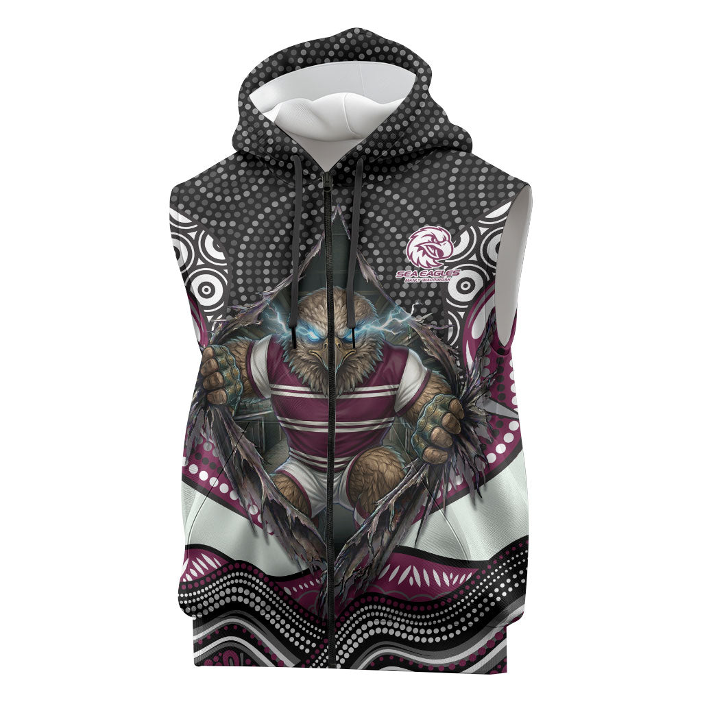 Manly Warringah Sea Eagles Sleeveless Zip Hoodie The Scream of Lightning Eyes - Indigenous Dot Ripping Effect