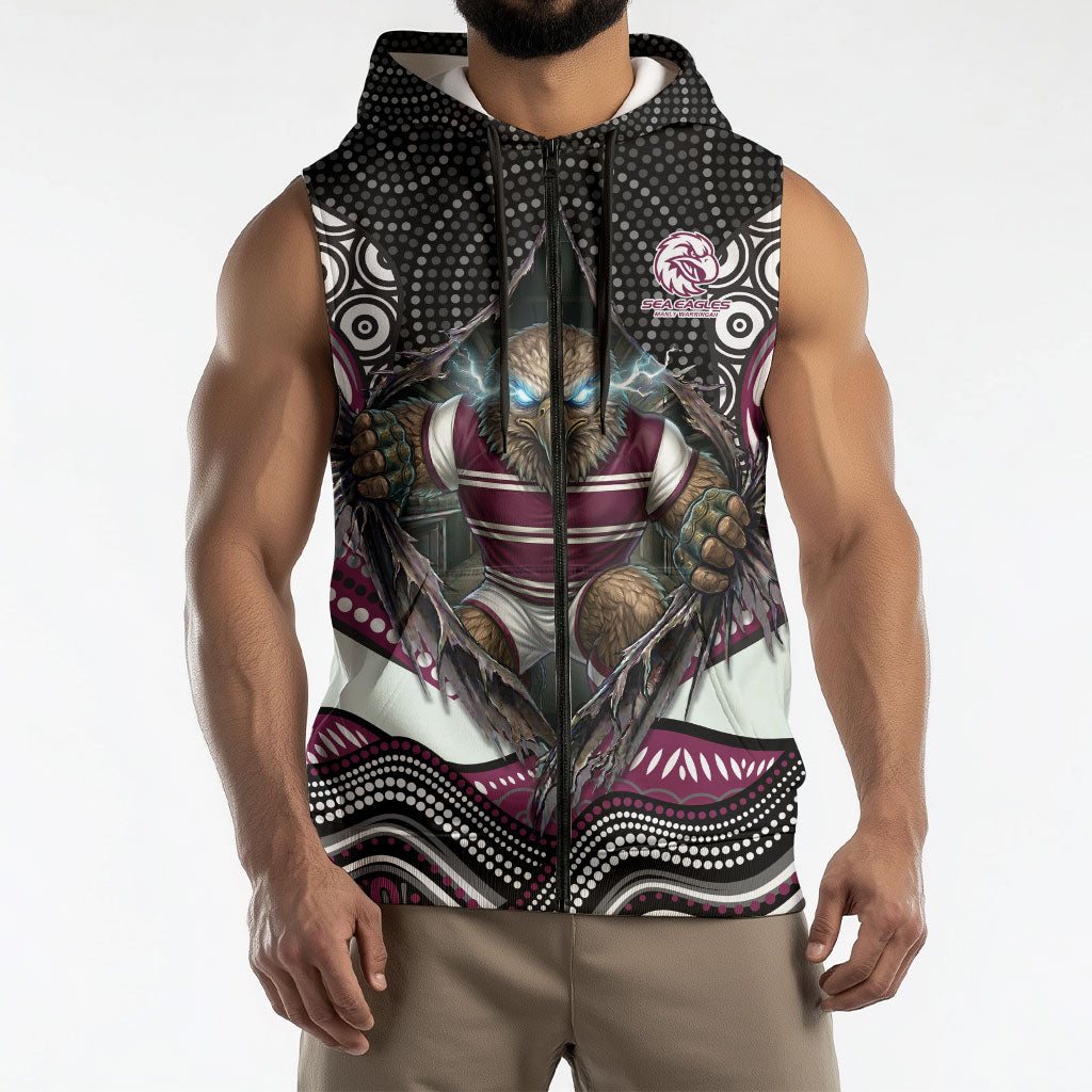 Manly Warringah Sea Eagles Sleeveless Zip Hoodie The Scream of Lightning Eyes - Indigenous Dot Ripping Effect