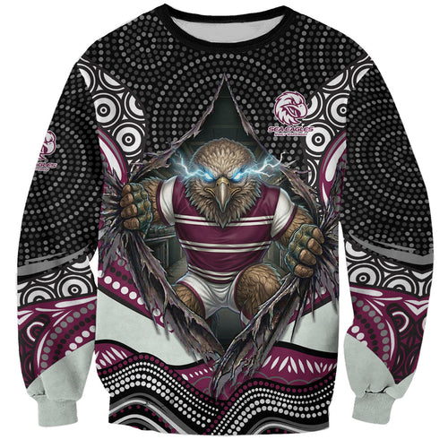 Manly Warringah Sea Eagles Sweatshirt The Scream of Lightning Eyes - Indigenous Dot Ripping Effect