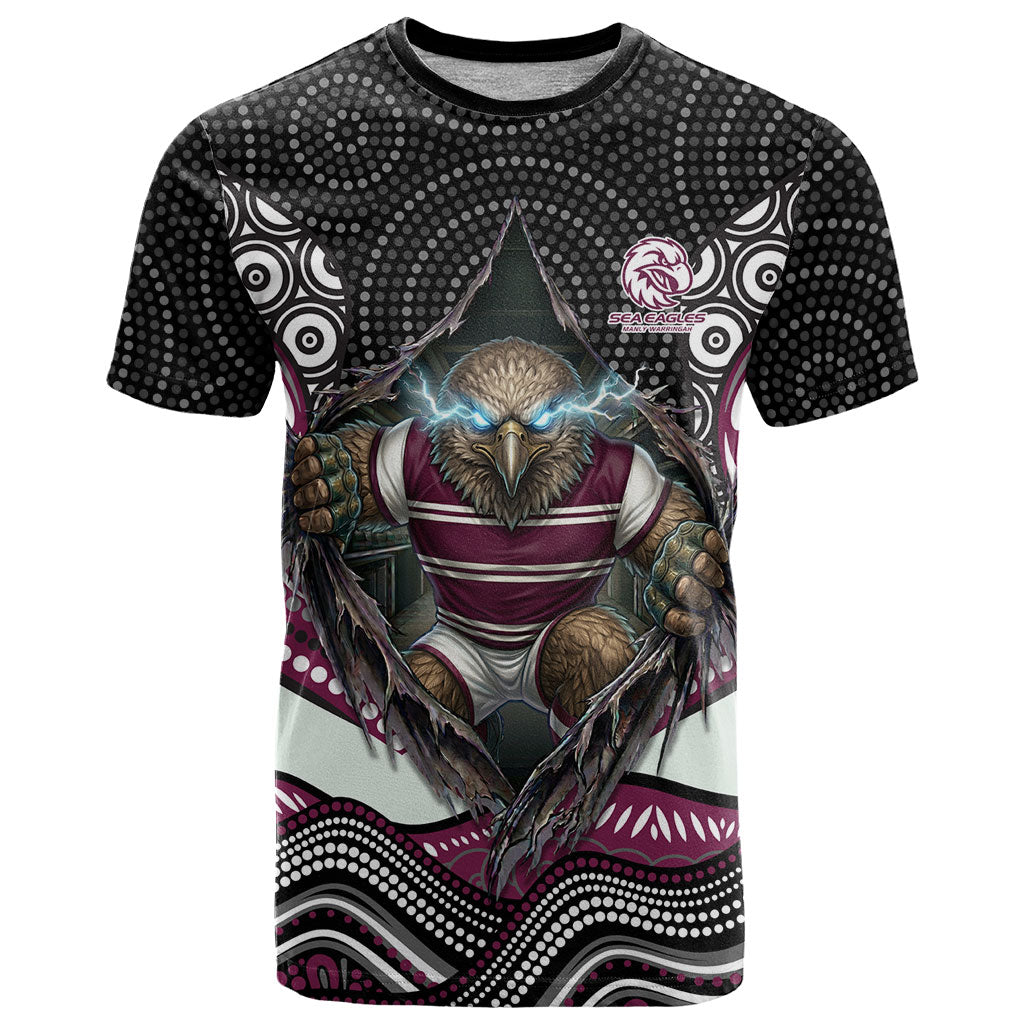 Manly Warringah Sea Eagles T Shirt The Scream of Lightning Eyes - Indigenous Dot Ripping Effect