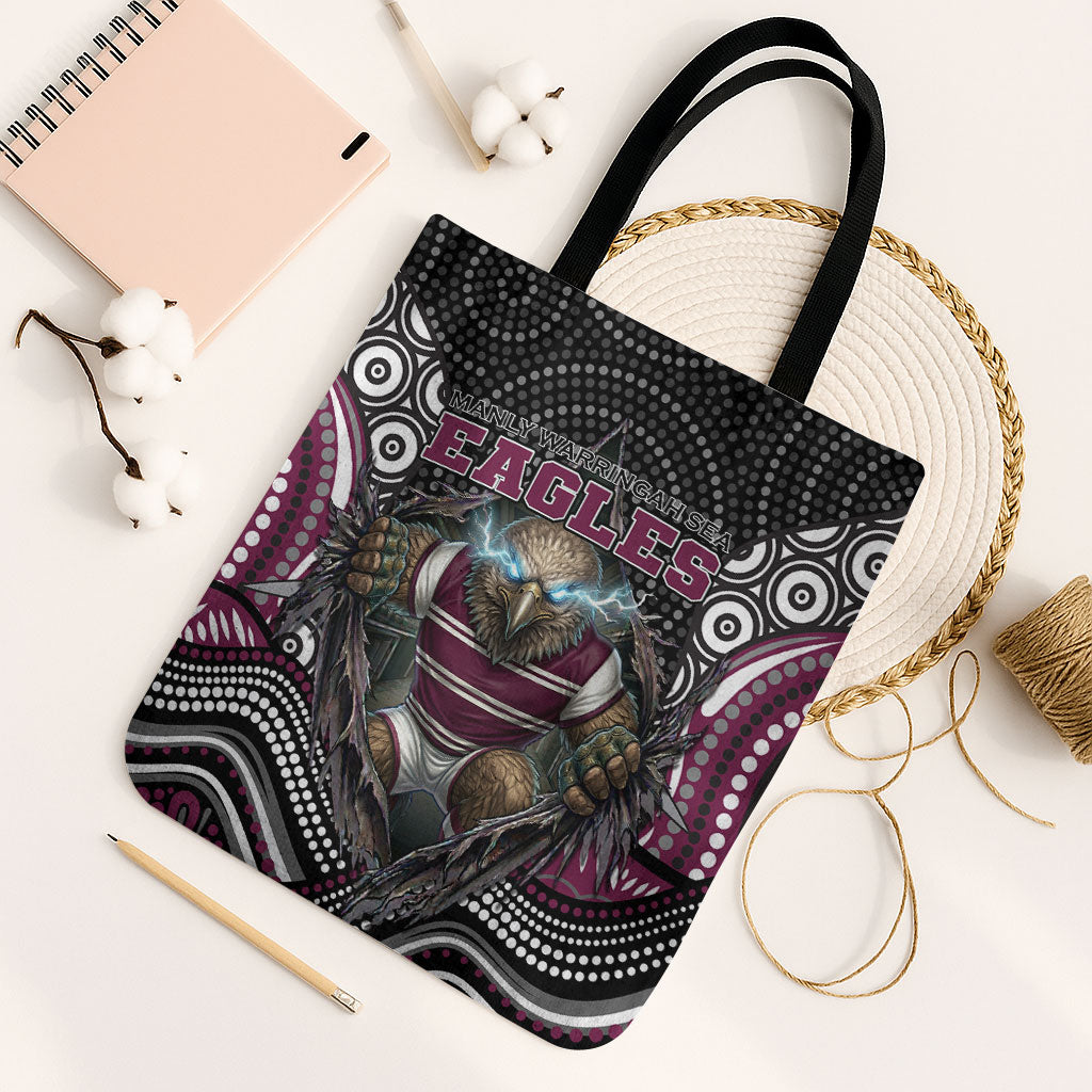 Manly Warringah Sea Eagles Tote Bag The Scream of Lightning Eyes - Indigenous Dot Ripping Effect