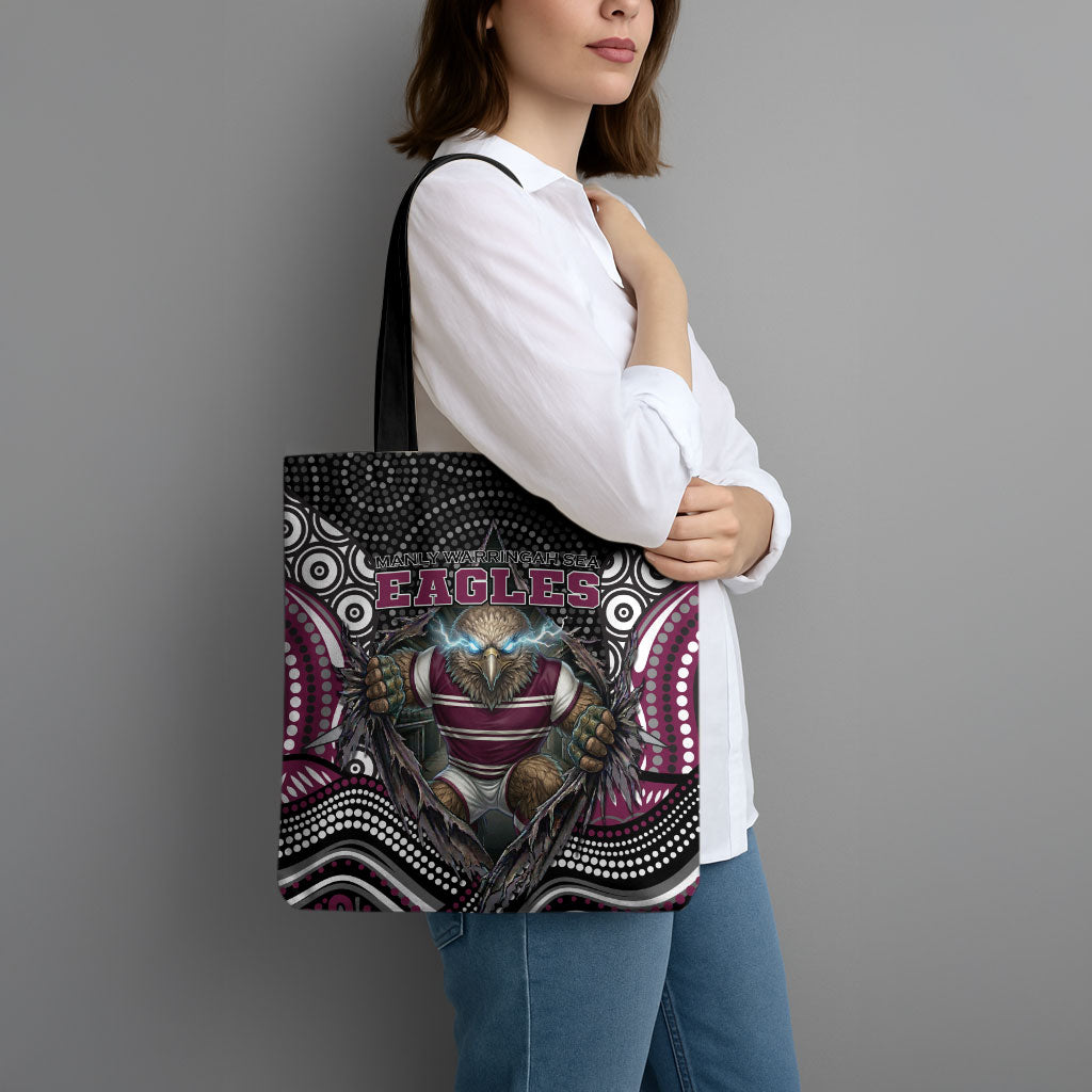 Manly Warringah Sea Eagles Tote Bag The Scream of Lightning Eyes - Indigenous Dot Ripping Effect