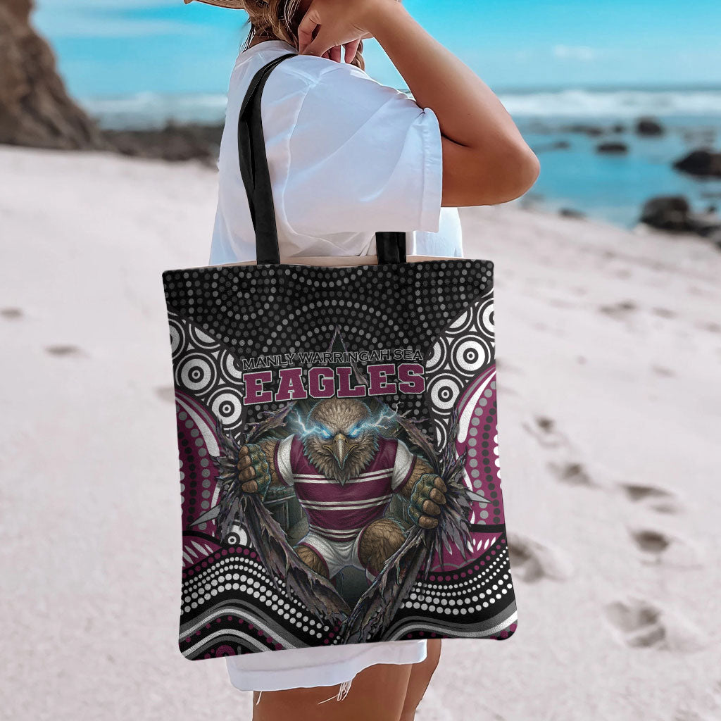 Manly Warringah Sea Eagles Tote Bag The Scream of Lightning Eyes - Indigenous Dot Ripping Effect