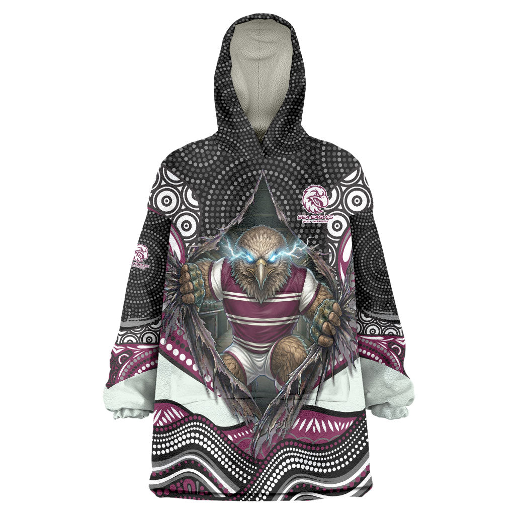 Manly Warringah Sea Eagles Wearable Blanket Hoodie The Scream of Lightning Eyes - Indigenous Dot Ripping Effect