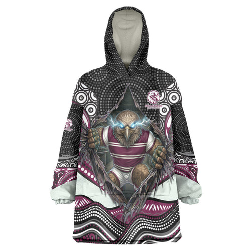 Manly Warringah Sea Eagles Wearable Blanket Hoodie The Scream of Lightning Eyes - Indigenous Dot Ripping Effect