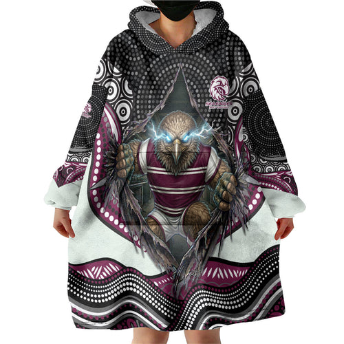Manly Warringah Sea Eagles Wearable Blanket Hoodie The Scream of Lightning Eyes - Indigenous Dot Ripping Effect