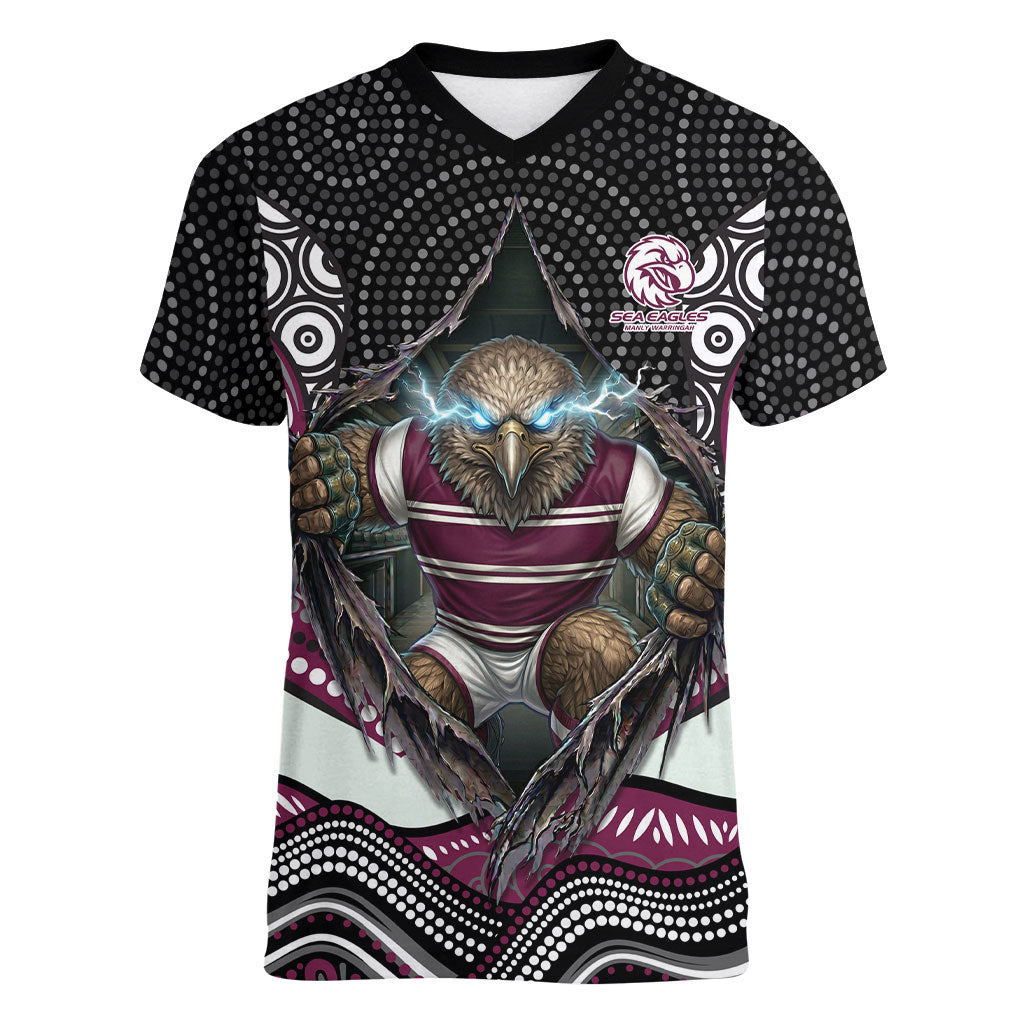 Manly Warringah Sea Eagles Women V-Neck T-Shirt The Scream of Lightning Eyes - Indigenous Dot Ripping Effect
