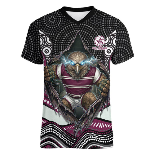 Manly Warringah Sea Eagles Women V-Neck T-Shirt The Scream of Lightning Eyes - Indigenous Dot Ripping Effect