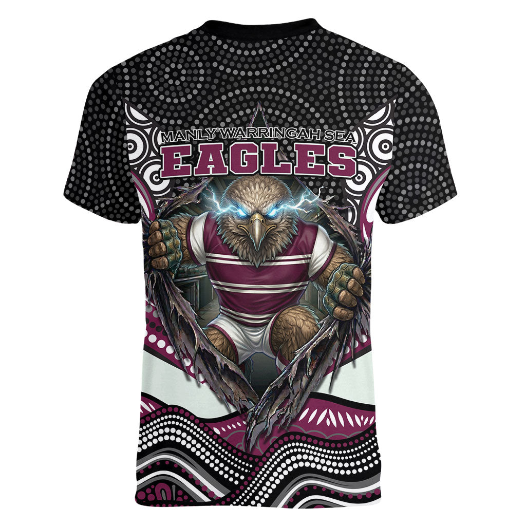 Manly Warringah Sea Eagles Women V-Neck T-Shirt The Scream of Lightning Eyes - Indigenous Dot Ripping Effect