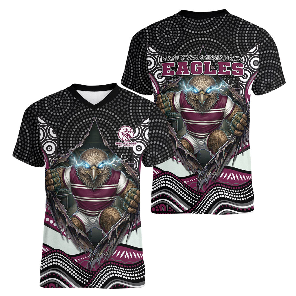 Manly Warringah Sea Eagles Women V-Neck T-Shirt The Scream of Lightning Eyes - Indigenous Dot Ripping Effect