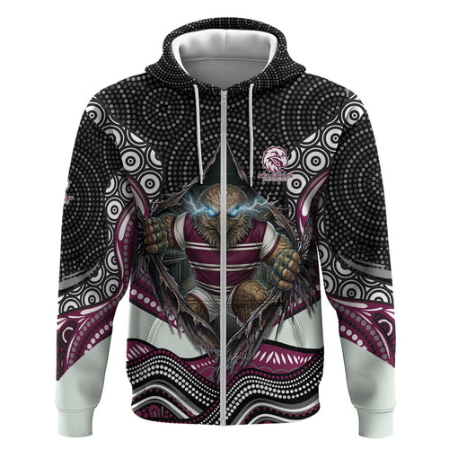 Manly Warringah Sea Eagles Zip Hoodie The Scream of Lightning Eyes - Indigenous Dot Ripping Effect